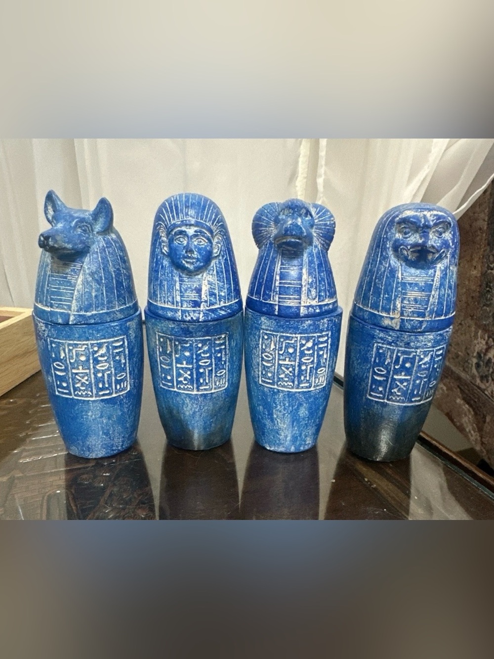 Vintage 5" Egyptian Canopic Jars Set of 4 - Carved Wood Sons of Horus Blue
